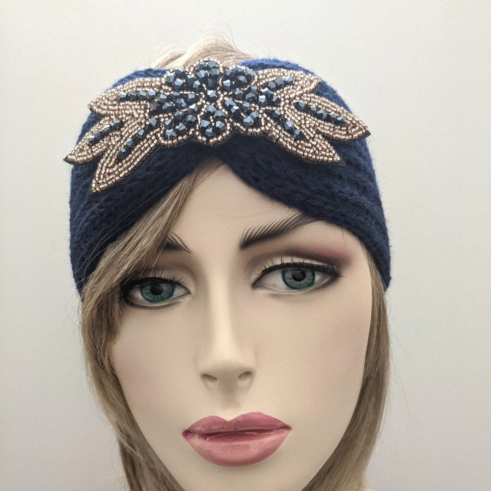 Navy Beaded Flower Knit Headband Woman Warm New